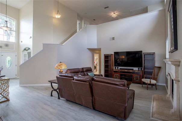 Fireplace, Interior, Living room, Pendant Lights, Recessed Lighting, Wood Texture Flooring