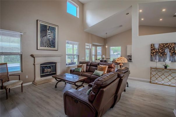 Fireplace, Interior, Living room, Pendant Lights, Recessed Lighting, Wood Texture Flooring