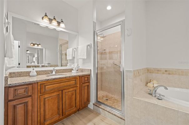 Bathroom, Glass Shower, Interior, Recessed Lighting, Wood Texture Flooring