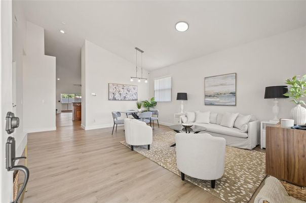 Dining room, Interior, Living room, Pendant Lights, Recessed Lighting, Wood Texture Flooring
