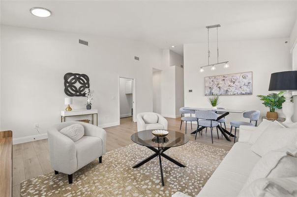 Dining room, Interior, Living room, Pendant Lights, Recessed Lighting, Wood Texture Flooring