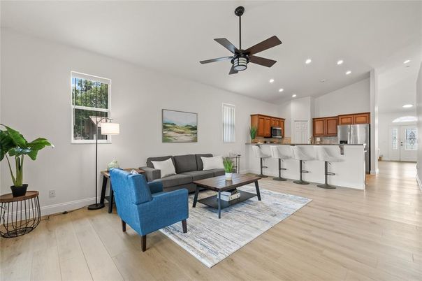 Interior, Kitchen, Living room, Recessed Lighting, Stainless Steel Appliances, Wood Texture Flooring