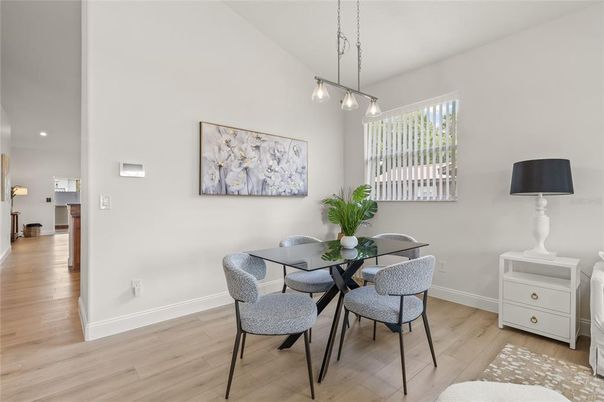 Dining room, Interior, Pendant Lights, Recessed Lighting, Wood Texture Flooring