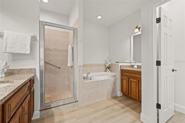 Bathroom, Glass Shower, Interior, Recessed Lighting, Wood Texture Flooring