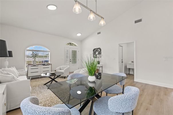 Dining room, Interior, Living room, Recessed Lighting, Wood Texture Flooring