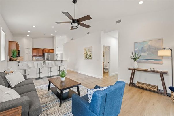 Interior, Kitchen, Living room, Recessed Lighting, Stainless Steel Appliances, Wood Texture Flooring