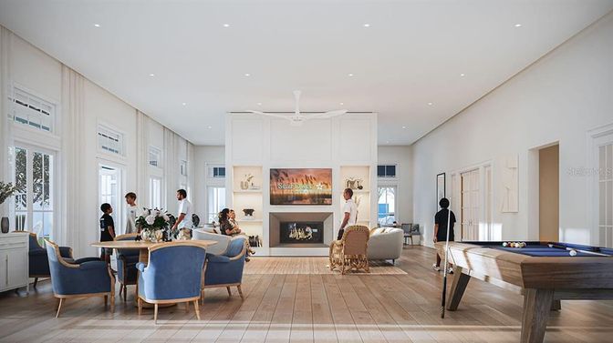 Billiard Table, Dining room, Fireplace, Game Room, Interior, Living room, Recessed Lighting, Wood Texture Flooring