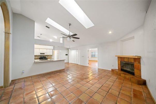 Empty room, Fireplace, Interior, Kitchen, Recessed Lighting