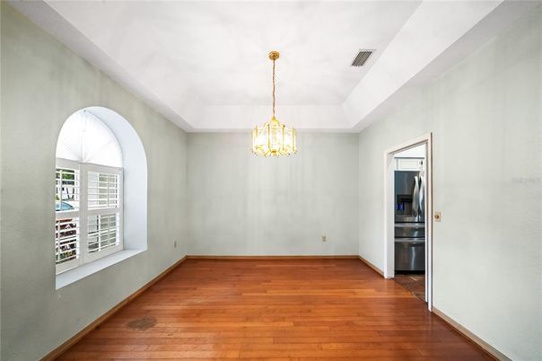 Chandelier, Empty room, Interior, Pendant Lights, Wood Texture Flooring