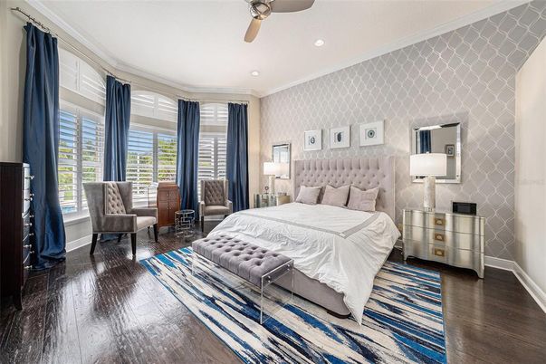 Bedroom, Interior, Recessed Lighting, Wood Texture Flooring