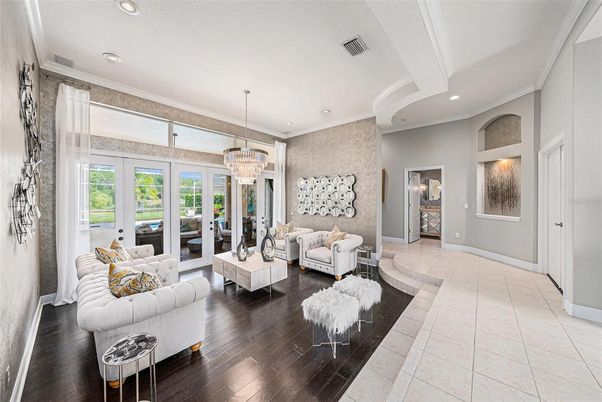 Chandelier, Interior, Living room, Recessed Lighting, Wood Texture Flooring
