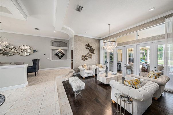 Chandelier, Interior, Living room, Recessed Lighting, Wood Texture Flooring