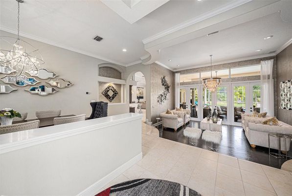 Chandelier, Interior, Living room, Pendant Lights, Recessed Lighting, Wood Texture Flooring