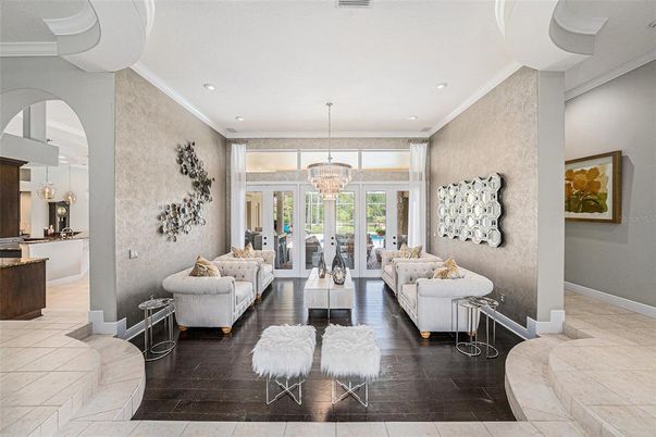 Chandelier, Interior, Living room, Recessed Lighting, Wood Texture Flooring