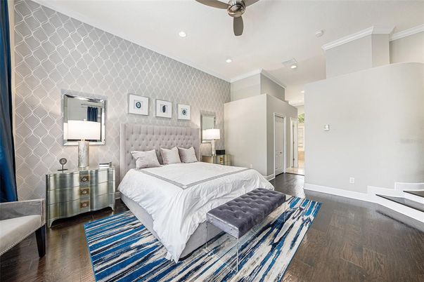 Bedroom, Interior, Recessed Lighting, Wood Texture Flooring