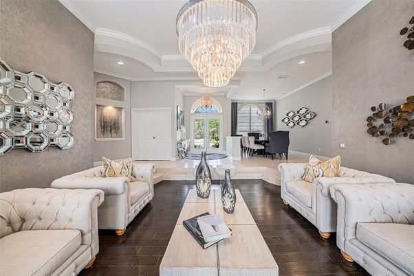 Chandelier, Dining room, Interior, Living room, Recessed Lighting, Wood Texture Flooring