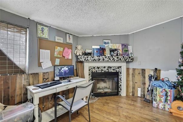 Fireplace, Home Office, Interior, Wood Texture Flooring, Wooden Walls