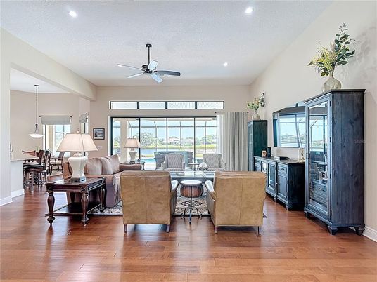 Dining room, Interior, Living room, Pendant Lights, Recessed Lighting, Wood Texture Flooring