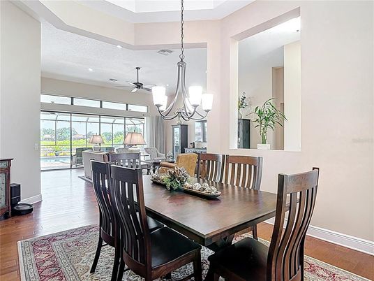 Dining room, Interior, Living room, Pendant Lights, Recessed Lighting, Wood Texture Flooring