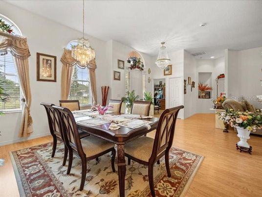 Chandelier, Dining room, Interior, Recessed Lighting, Wood Texture Flooring
