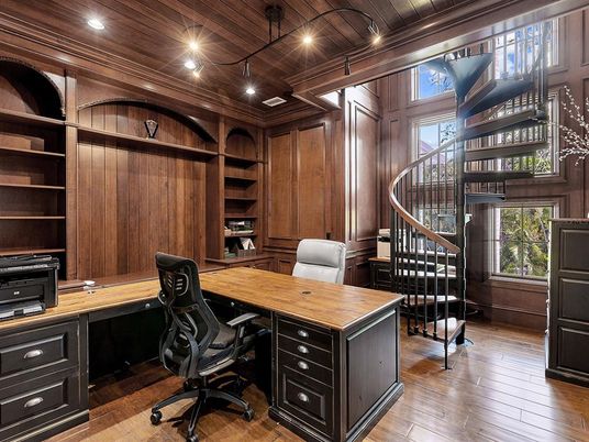 Home Office, Interior, Recessed Lighting, Wooden Ceilings, Wood Texture Flooring, Wooden Walls