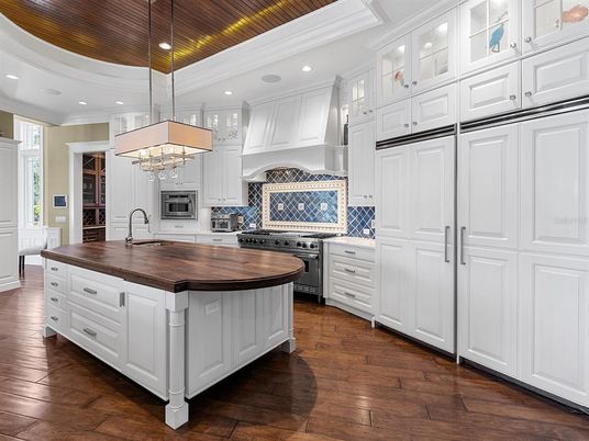 Interior, Kitchen, Pendant Lights, Recessed Lighting, Stainless Steel Appliances, Wooden Ceilings, Wood Texture Flooring