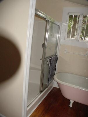 Bathroom, Free Standing Baths, Glass Shower, Interior, Wood Texture Flooring