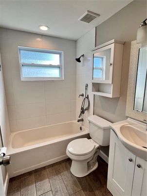 Bathroom, Interior, Recessed Lighting, Wood Texture Flooring