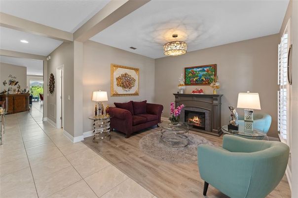 Fireplace, Interior, Living room, Recessed Lighting, Wood Texture Flooring