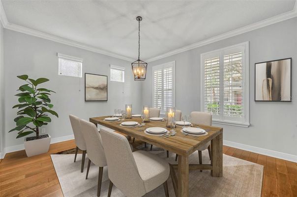 Dining room, Interior, Pendant Lights, Wood Texture Flooring