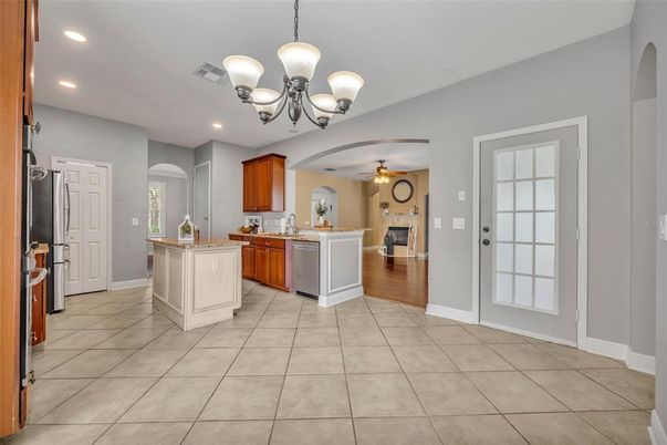 Chandelier, Fireplace, Interior, Kitchen, Recessed Lighting