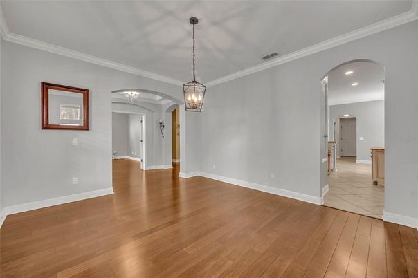 Empty room, Interior, Pendant Lights, Recessed Lighting, Wood Texture Flooring