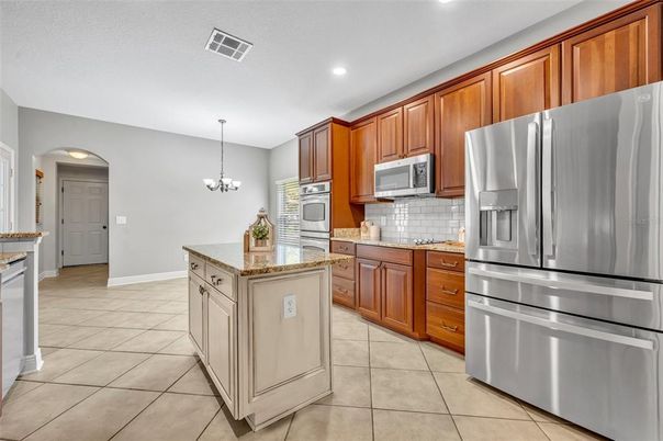 Chandelier, Interior, Kitchen, Recessed Lighting, Stainless Steel Appliances
