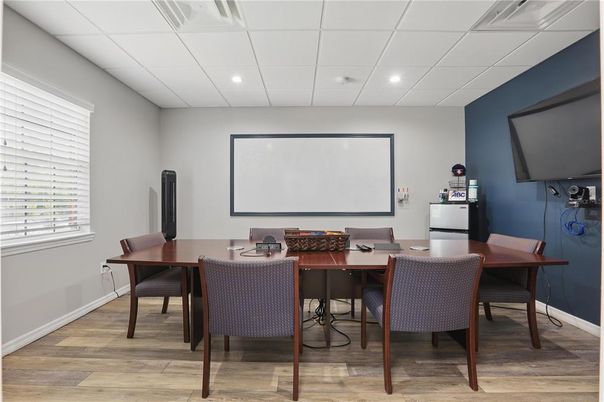 Dining room, Interior, Projection Screen, Recessed Lighting, Wood Texture Flooring