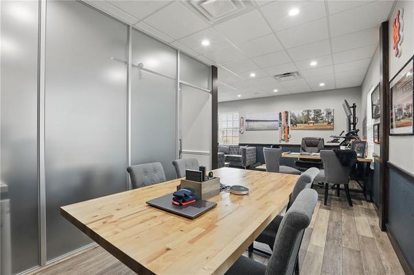Dining room, Interior, Recessed Lighting, Wood Texture Flooring