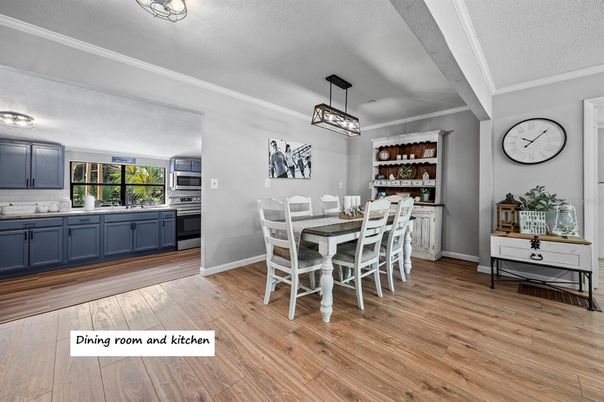 Dining room, Interior, Pendant Lights, Wood Texture Flooring