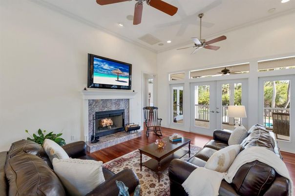 Fireplace, Interior, Living room, Recessed Lighting, Wood Texture Flooring