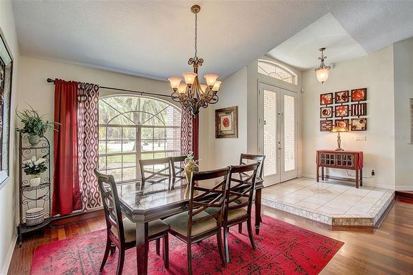 Chandelier, Dining room, Interior, Pendant Lights, Wood Texture Flooring