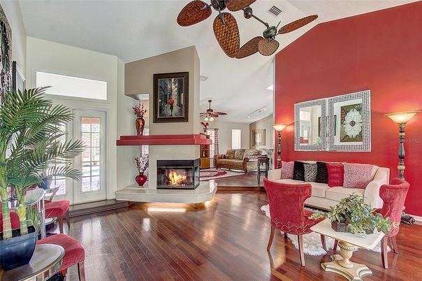 Fireplace, Interior, Living room, Recessed Lighting, Wood Texture Flooring