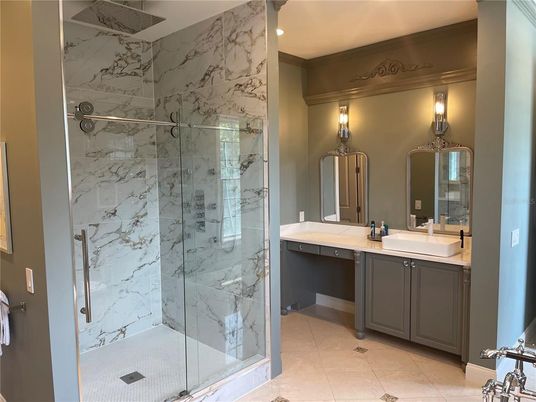 Bathroom, Dual Sink Vanities, Glass Shower, Interior, Marble Walls