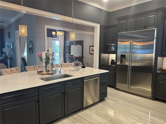 Interior, Kitchen, Pendant Lights, Stainless Steel Appliances, Wood Texture Flooring