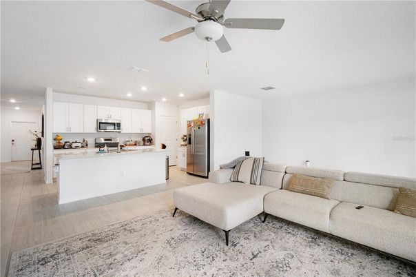 Interior, Kitchen, Living room, Recessed Lighting, Stainless Steel Appliances, Wood Texture Flooring