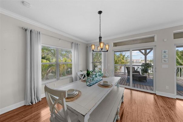 Dining room, Interior, Pendant Lights, Wood Texture Flooring