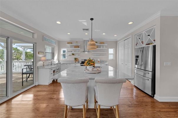 Interior, Kitchen, Pendant Lights, Recessed Lighting, Stainless Steel Appliances, Wood Texture Flooring