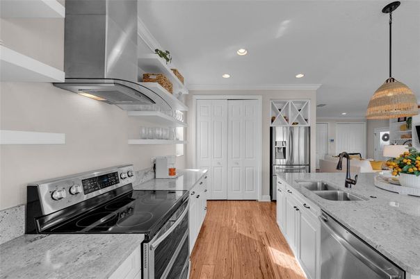 Interior, Kitchen, Pendant Lights, Recessed Lighting, Stainless Steel Appliances, Wood Texture Flooring
