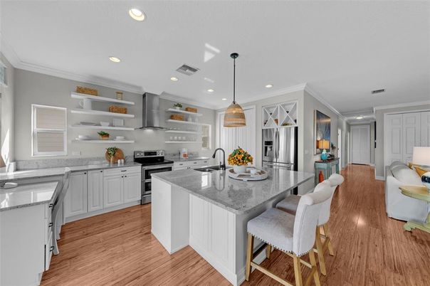 Interior, Kitchen, Pendant Lights, Recessed Lighting, Stainless Steel Appliances, Wood Texture Flooring
