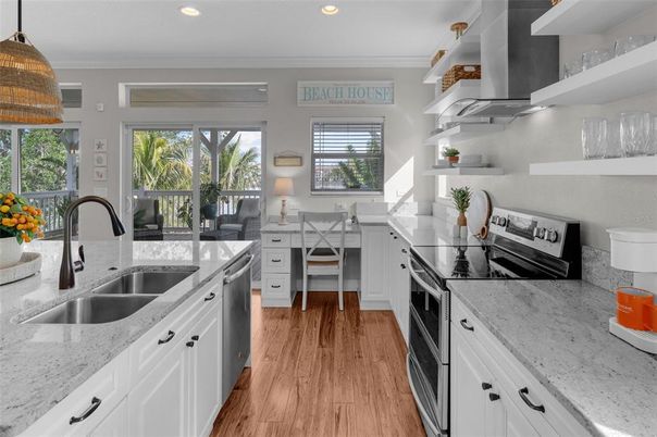 Interior, Kitchen, Recessed Lighting, Stainless Steel Appliances, Wood Texture Flooring