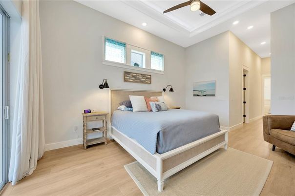 Bedroom, Interior, Recessed Lighting, Wood Texture Flooring
