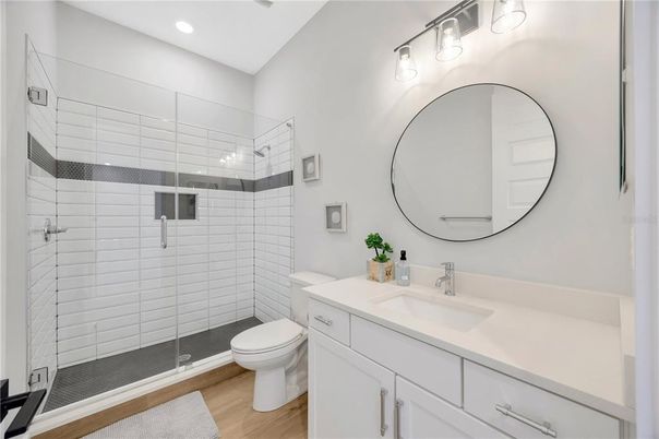 Bathroom, Glass Shower, Interior, Recessed Lighting, Wood Texture Flooring