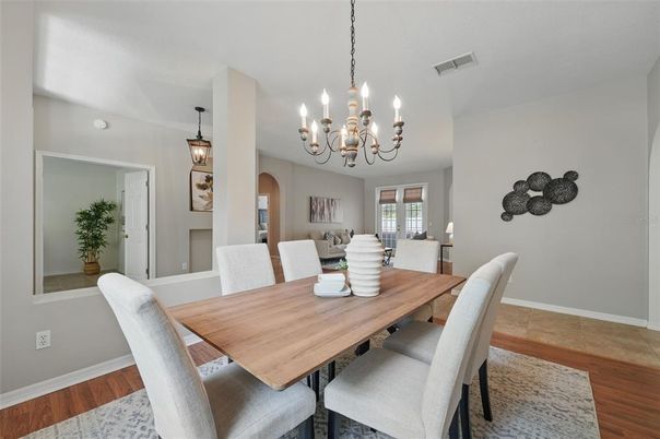 Chandelier, Dining room, Interior, Pendant Lights, Wood Texture Flooring